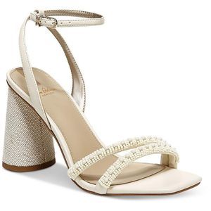 Sam Edelman Womens Kia Ivory Denim Beaded Ankle Strap Heels Shoes NWOB